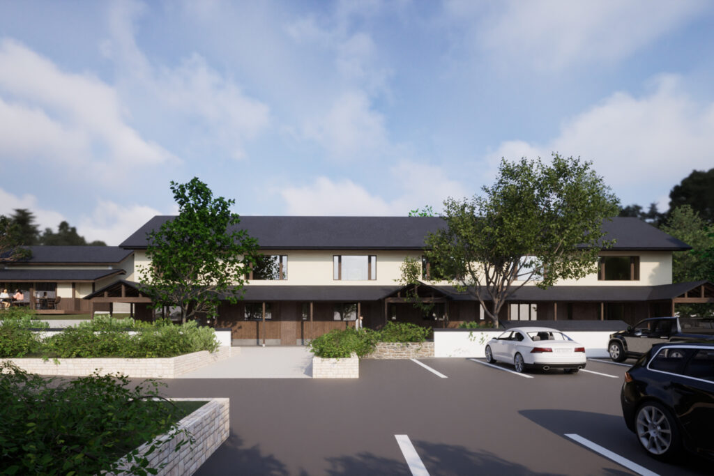 An image of External CGI renders of newly developed Iwatake Terrace Rentals. Showing ample parking space and the new property