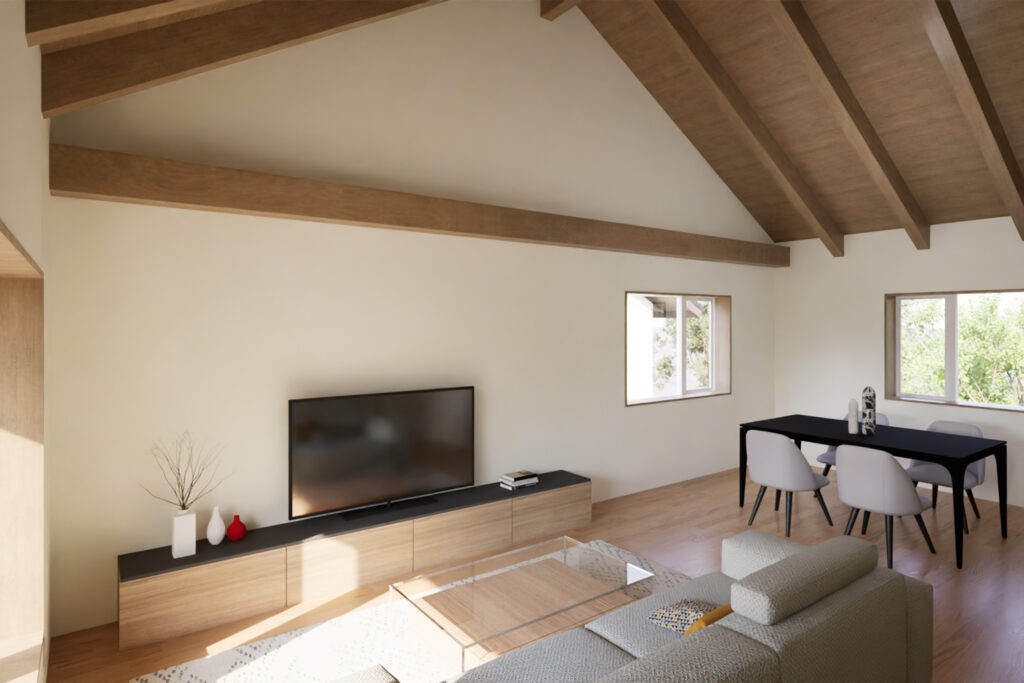 An image of Internal CGI renders of newly developed Iwatake Terrace Rentals. Showing the Lounge and dining area.