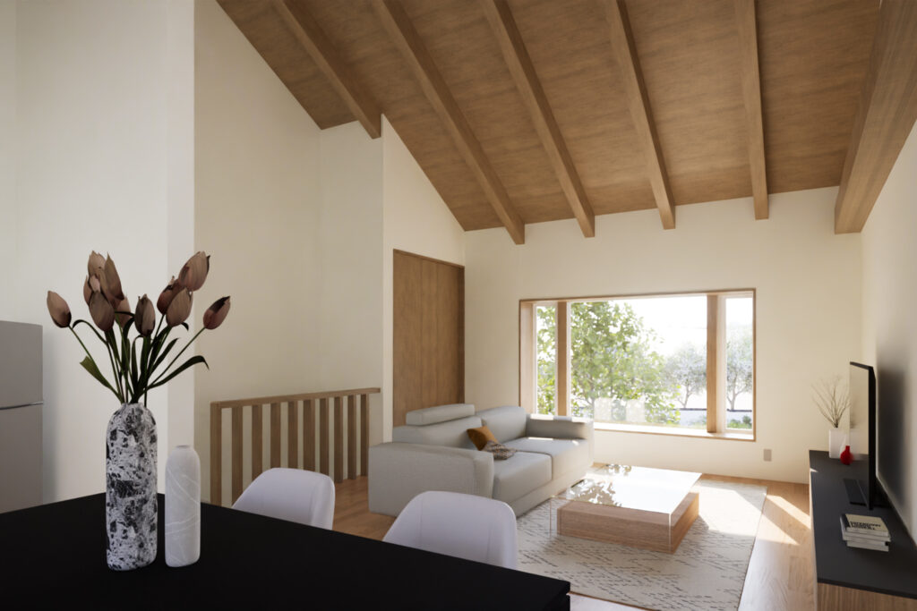 An internal CGI render of the Iwatake Terrace Rental Second floor showing Lounge and Dining Area.