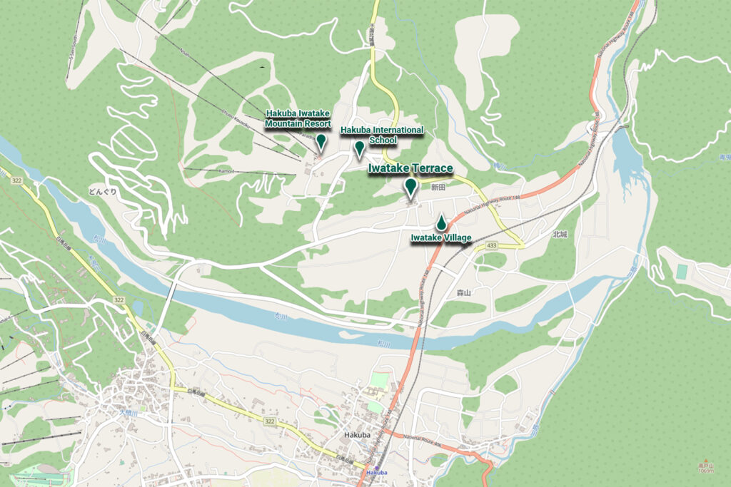A map of Iwatake and the surrounding area showing he location of the new Iwatake Terrace rentals, Hakuba International School, Hakuba Iwatake Mountain Resort and the village location.