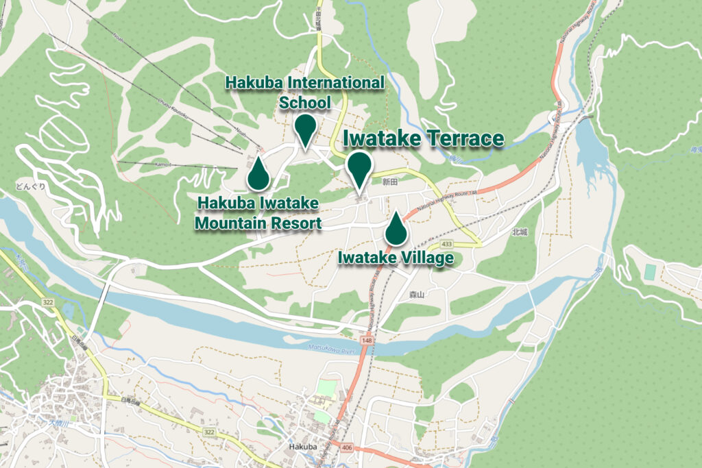 A map of Iwatake and the surrounding area showing he location of the new Iwatake Terrace rentals, Hakuba International School, Hakuba Iwatake Mountain Resort and the village location. 